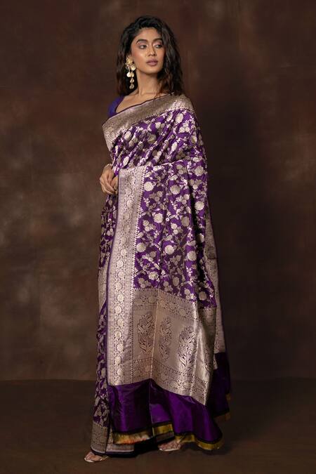 Buy Vishwa By Pinki Sinha X AZA Purple Silk Embroidery Floral Peacock Handwoven Banarasi Saree Online at Aza Fashions Buy_Vishwa By Pinki Sinha X AZA_Purple Silk Embroidery Floral Peacock Handwoven Banarasi Saree _Online_at_Aza_Fashions