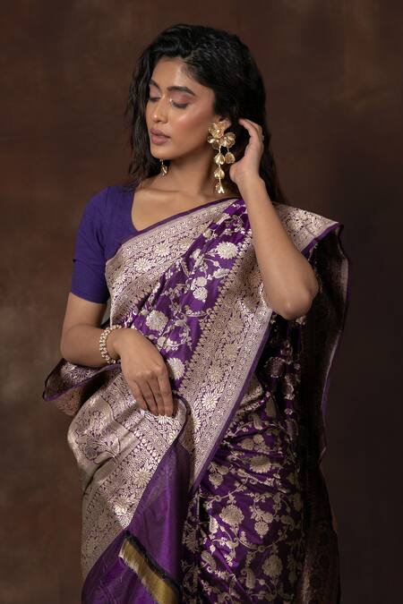 Shop Vishwa By Pinki Sinha X AZA Purple Silk Embroidery Floral Peacock Handwoven Banarasi Saree Online at Aza Fashions Shop_Vishwa By Pinki Sinha X AZA_Purple Silk Embroidery Floral Peacock Handwoven Banarasi Saree _Online_at_Aza_Fashions