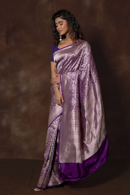 Vishwa By Pinki Sinha X AZA Purple Silk Embroidery Handwoven Banarasi Saree Online at Aza Fashions Vishwa By Pinki Sinha X AZA_Purple Silk Embroidery Handwoven Banarasi Saree _Online_at_Aza_Fashions