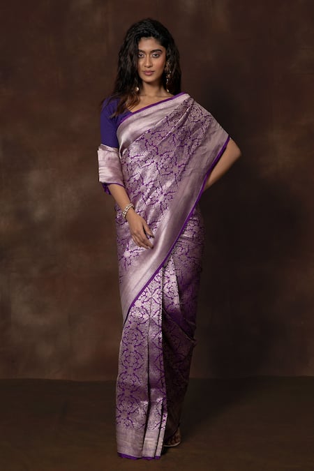 Shop Vishwa By Pinki Sinha X AZA Purple Silk Embroidery Handwoven Banarasi Saree at Aza Fashions Shop_Vishwa By Pinki Sinha X AZA_Purple Silk Embroidery Handwoven Banarasi Saree _at_Aza_Fashions