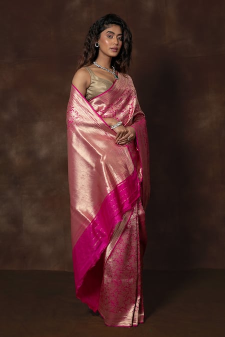 Shop Vishwa By Pinki Sinha X AZA Pink Silk Embroidery Floral Handwoven Banarasi Saree Online at Aza Fashions Shop_Vishwa By Pinki Sinha X AZA_Pink Silk Embroidery Floral Handwoven Banarasi Saree _Online_at_Aza_Fashions