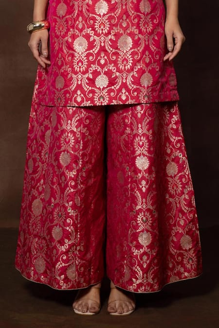 Shop_Vishwa By Pinki Sinha X AZA_Pink Brocade, Silk Embroidery, Zari Round Floral Banarasi Kurta Sharara Set _Online_at_Aza_Fashions