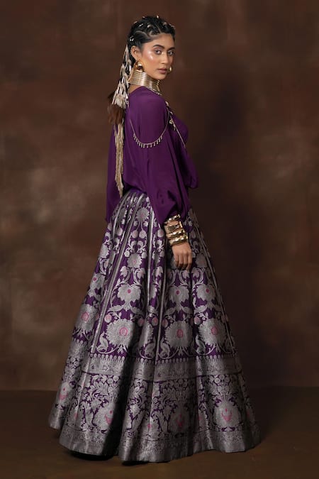 Buy Vishwa By Pinki Sinha X AZA Purple Silk Embroidery V-neck Floral Banarasi Lehenga And Top Set Online at Aza Fashions Buy_Vishwa By Pinki Sinha X AZA_Purple Silk Embroidery V-neck Floral Banarasi Lehenga And Top Set _Online_at_Aza_Fashions