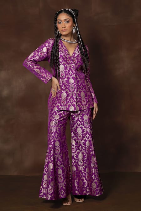 Vishwa By Pinki Sinha X AZA_Purple Silk, Brocade Embroidery Handwoven Floral Blazer And Gharara Set _Online_at_Aza_Fashions