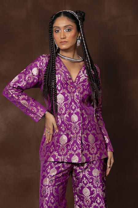 Buy_Vishwa By Pinki Sinha X AZA_Purple Silk, Brocade Embroidery Handwoven Floral Blazer And Gharara Set _Online_at_Aza_Fashions
