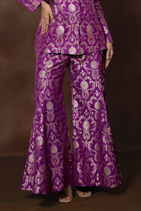 Shop_Vishwa By Pinki Sinha X AZA_Purple Silk, Brocade Embroidery Handwoven Floral Blazer And Gharara Set _Online_at_Aza_Fashions
