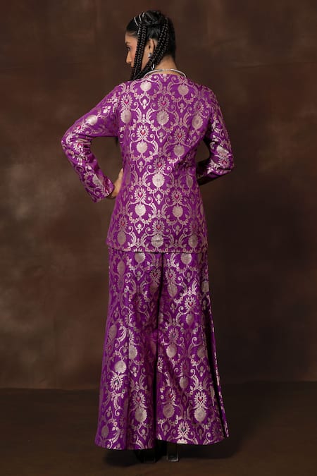 Shop_Vishwa By Pinki Sinha X AZA_Purple Silk, Brocade Embroidery Handwoven Floral Blazer And Gharara Set _at_Aza_Fashions