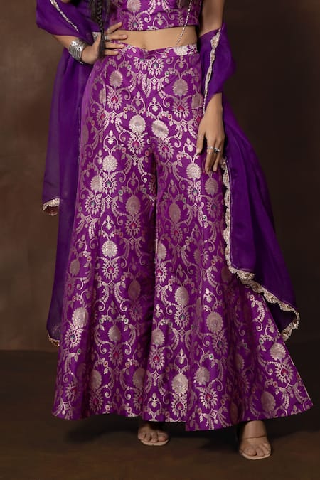 Shop_Vishwa By Pinki Sinha X AZA_Purple Silk Lace V-neck Handwoven Banarasi Gharara Set 