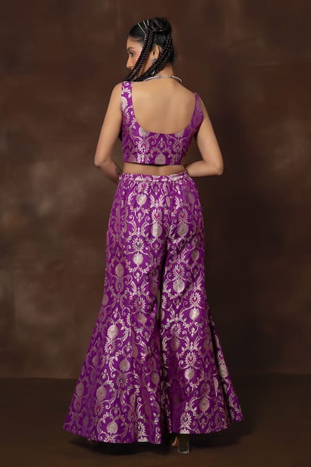 Shop_Vishwa By Pinki Sinha X AZA_Purple Silk Lace V-neck Handwoven Banarasi Gharara Set _at_Aza_Fashions