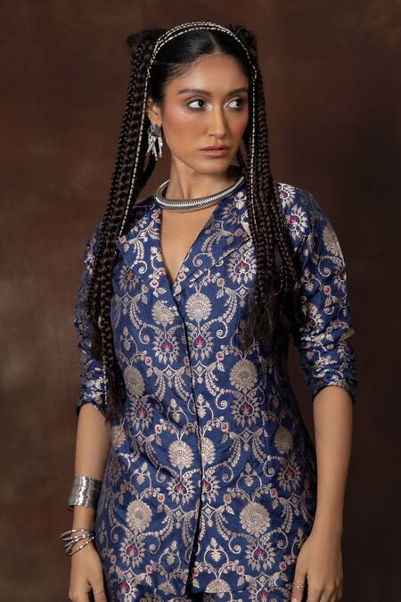 Shop_Vishwa By Pinki Sinha X AZA_Blue Silk Embroidery Banarasi Floral Blazer And Gharara Set _Online_at_Aza_Fashions