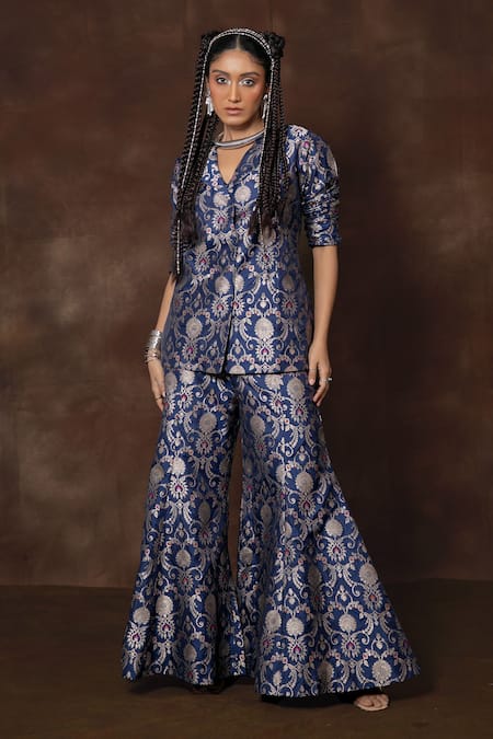 Vishwa By Pinki Sinha X AZA_Blue Silk Embroidery Banarasi Floral Blazer And Gharara Set _at_Aza_Fashions