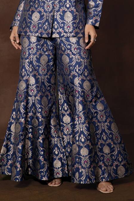 Buy_Vishwa By Pinki Sinha X AZA_Blue Silk Embroidery Banarasi Floral Blazer And Gharara Set 