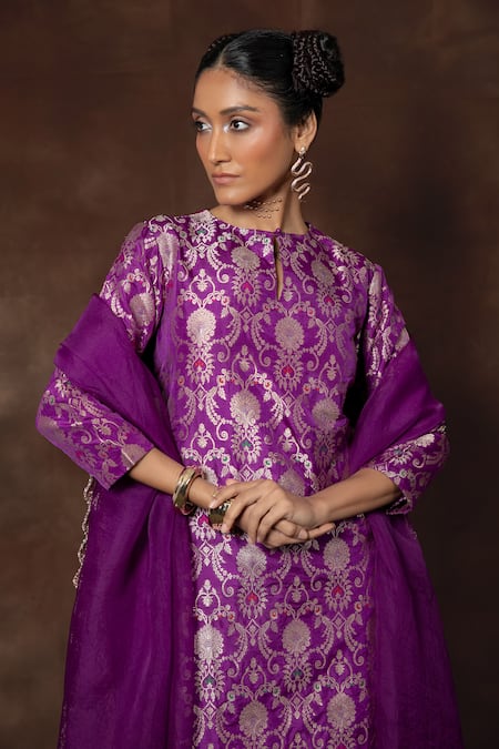 Shop_Vishwa By Pinki Sinha X AZA_Purple Brocade, Silk Embroidery Keyhole Neck Banarasi Kurta Sharara Set _Online_at_Aza_Fashions