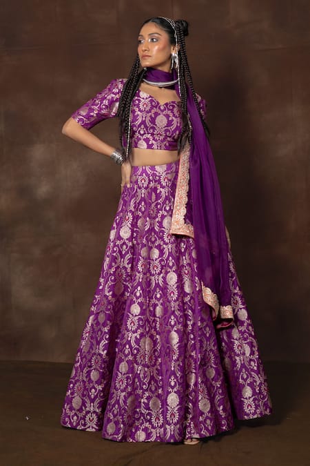 Shop_Vishwa By Pinki Sinha X AZA_Purple Silk Embroidery Polo Collar Floral Banarasi Lehenga Set _Online_at_Aza_Fashions