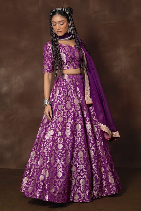 Buy_Vishwa By Pinki Sinha X AZA_Purple Silk Embroidery Polo Collar Floral Banarasi Lehenga Set 