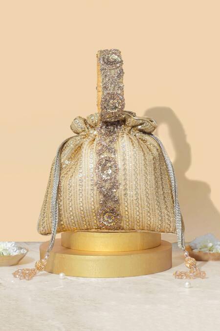 Shop_Amyra_Gold Sequins, Zari Embroidered Potli Bag _at_Aza_Fashions
