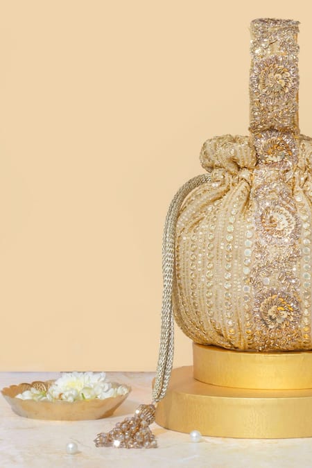 Buy_Amyra_Gold Sequins, Zari Embroidered Potli Bag 