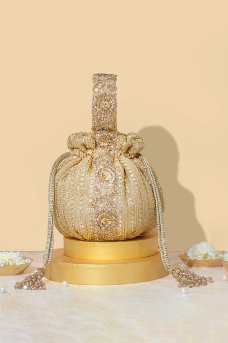Shop_Amyra_Gold Sequins, Zari Embroidered Potli Bag _at_Aza_Fashions