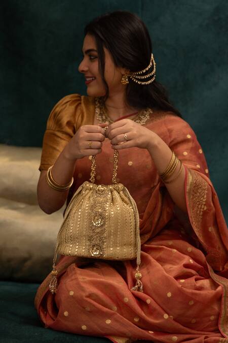 Amyra_Gold Sequins, Embroidery Bucket Potli Bag _Online_at_Aza_Fashions