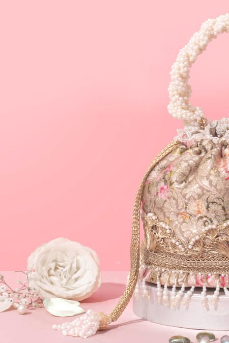 Amyra Gray Embroidery, Pearls, Crystals Floral Organza Brocade Potli Bag Online at Aza Fashions Amyra_Gray Embroidery, Pearls, Crystals Floral Organza Brocade Potli Bag _Online_at_Aza_Fashions