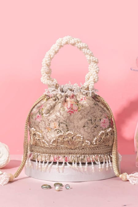 Shop Amyra Gray Embroidery, Pearls, Crystals Floral Organza Brocade Potli Bag at Aza Fashions Shop_Amyra_Gray Embroidery, Pearls, Crystals Floral Organza Brocade Potli Bag _at_Aza_Fashions