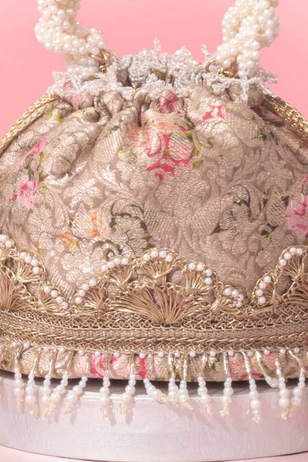 Shop Amyra Gray Embroidery, Pearls, Crystals Floral Organza Brocade Potli Bag Online at Aza Fashions Shop_Amyra_Gray Embroidery, Pearls, Crystals Floral Organza Brocade Potli Bag _Online_at_Aza_Fashions