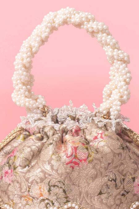 Amyra Gray Embroidery, Pearls, Crystals Floral Organza Brocade Potli Bag at Aza Fashions Amyra_Gray Embroidery, Pearls, Crystals Floral Organza Brocade Potli Bag _at_Aza_Fashions