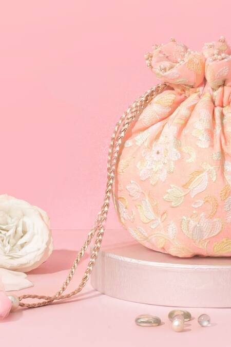 Buy Amyra Peach Pearls, Embroidery Floral Round Potli Bag Online at Aza Fashions Buy_Amyra_Peach Pearls, Embroidery Floral Round Potli Bag _Online_at_Aza_Fashions