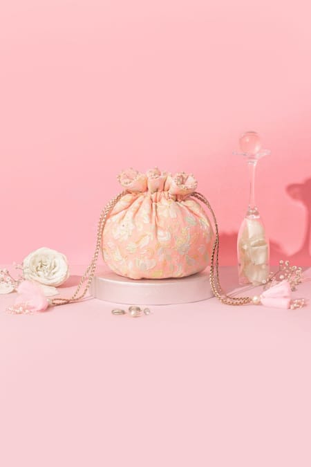 Shop Amyra Peach Pearls, Embroidery Floral Round Potli Bag at Aza Fashions Shop_Amyra_Peach Pearls, Embroidery Floral Round Potli Bag _at_Aza_Fashions