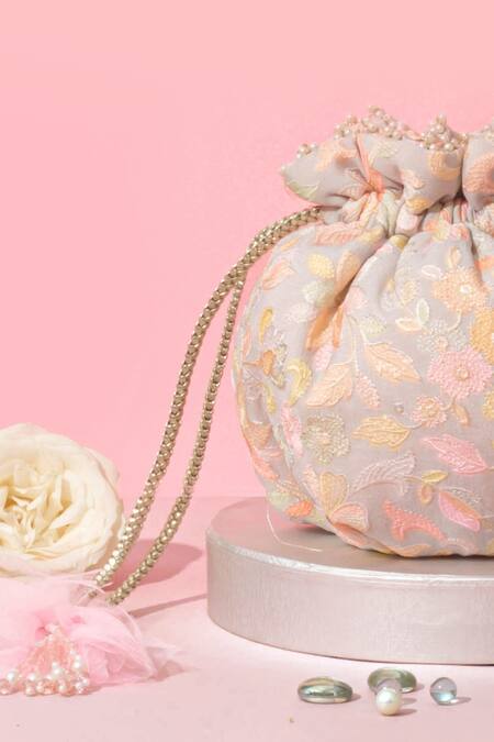 Amyra Peach Pearls, Embroidery Floral Round Potli Bag at Aza Fashions Amyra_Peach Pearls, Embroidery Floral Round Potli Bag _at_Aza_Fashions