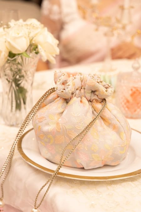 Amyra_Gray Pearls, Embroidery Floral Round Potli Bag _at_Aza_Fashions