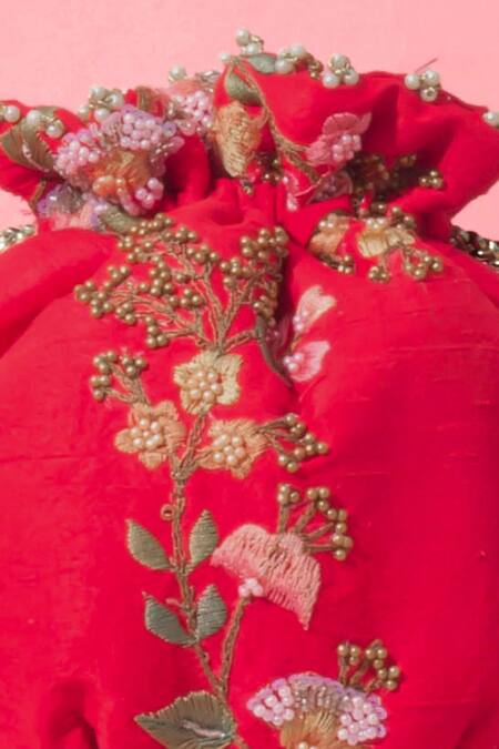 Amyra_Red Embroidery, Beads Round Potli Bag _Online_at_Aza_Fashions