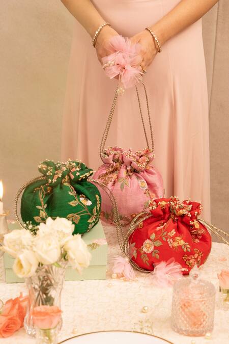 Buy_Amyra_Red Embroidery, Beads Round Potli Bag _Online_at_Aza_Fashions