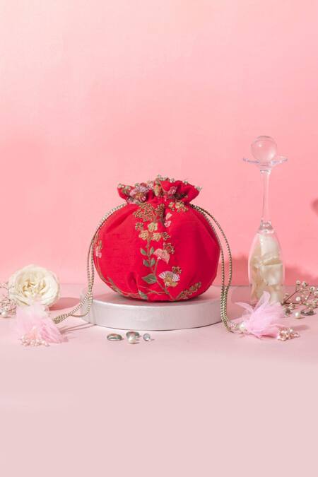 Shop_Amyra_Red Embroidery, Beads Round Potli Bag _at_Aza_Fashions