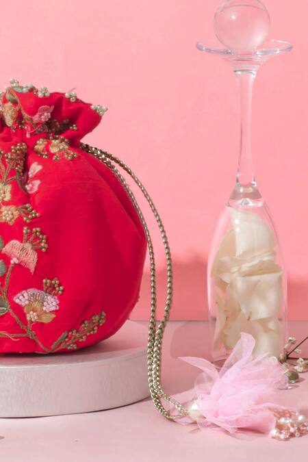 Shop_Amyra_Red Embroidery, Beads Round Potli Bag _Online_at_Aza_Fashions