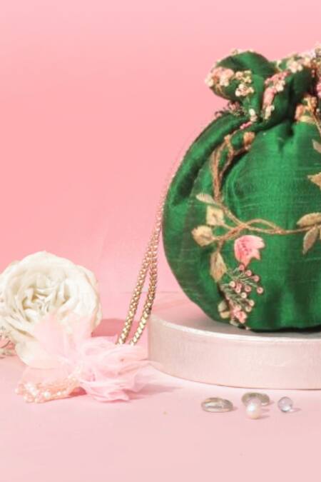 Amyra Green Embroidery, Beads Potli Bag Online at Aza Fashions Amyra_Green Embroidery, Beads Potli Bag_Online_at_Aza_Fashions