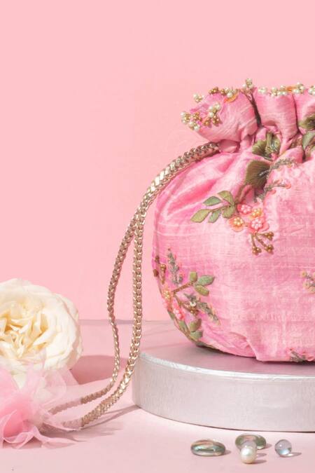 Shop_Amyra_Peach Embroidery, Beads Thread And Potli Bag_Online_at_Aza_Fashions