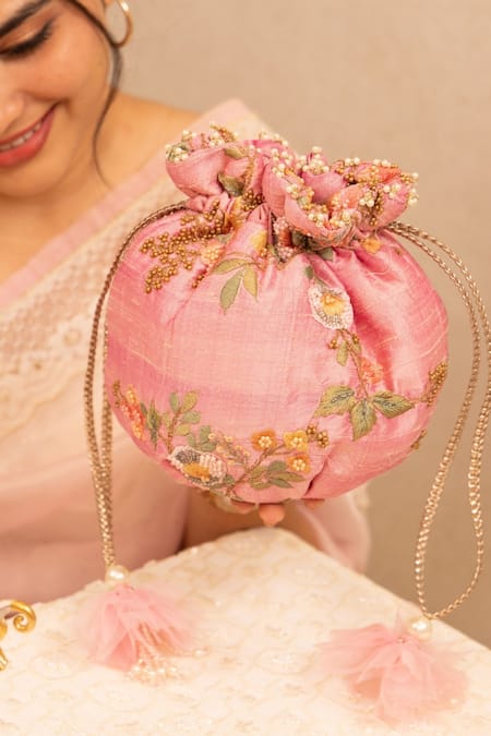 Amyra Peach Thread & Bead Embroidered Potli Bag 