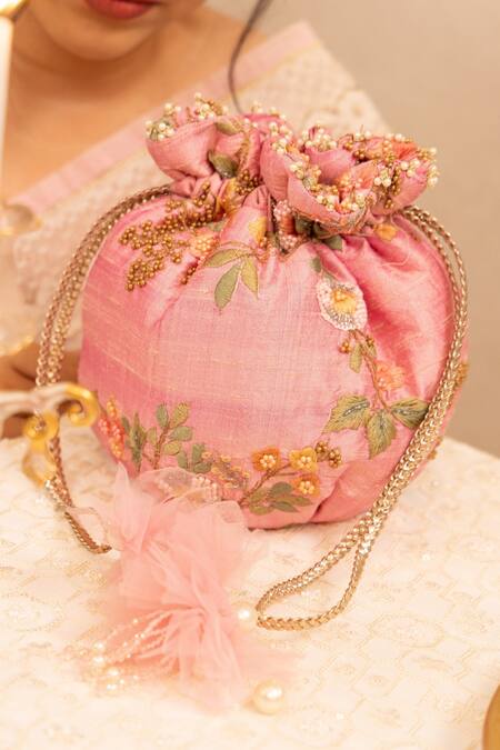 Buy_Amyra_Peach Embroidery, Beads Thread And Potli Bag