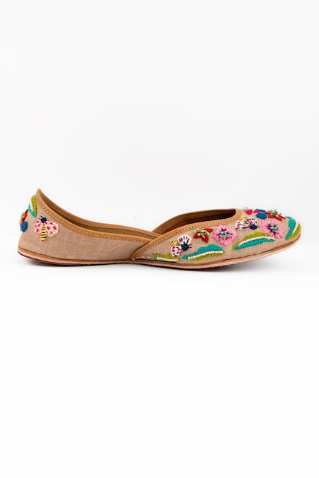 Azora_Beige Gardenia Bead Embroidered Juttis _Online_at_Aza_Fashions
