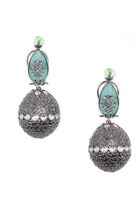 Shop Nayaab By Sonia Silver Plated Stones Aqua And Polki Drop Earrings at Aza Fashions Shop_Nayaab By Sonia_Silver Plated Stones Aqua And Polki Drop Earrings _at_Aza_Fashions