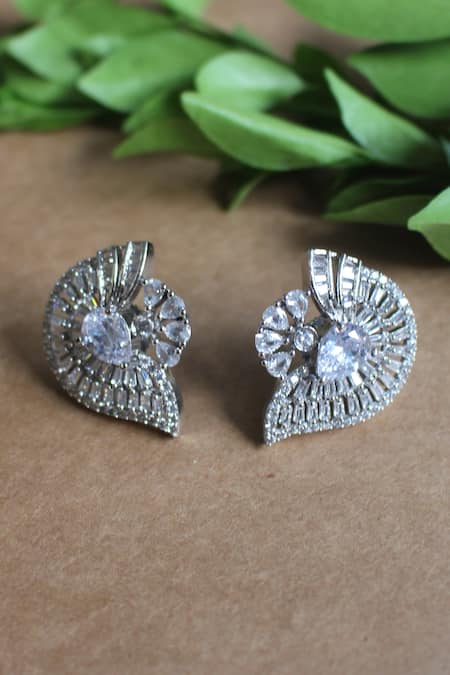 Shop Nayaab By Sonia Silver Plated Stones Embellished Stud Earrings at Aza Fashions Shop_Nayaab By Sonia_Silver Plated Stones Embellished Stud Earrings _at_Aza_Fashions
