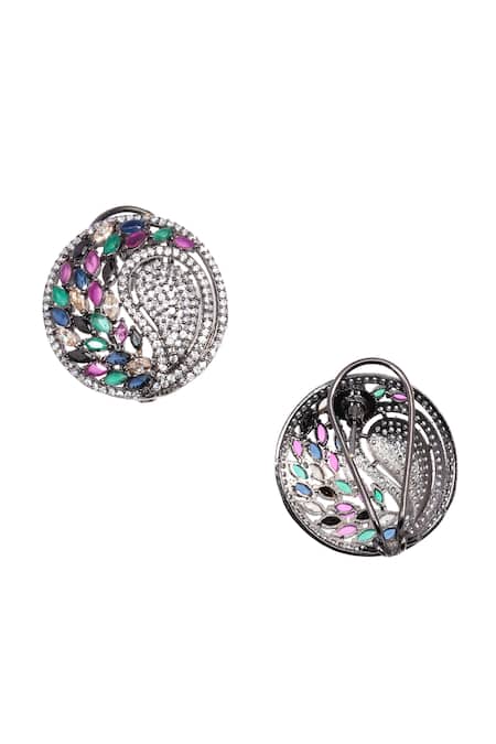 Shop Nayaab By Sonia Silver Plated Crystals, Stones Forest Mossy Circular Stud Earrings at Aza Fashions Shop_Nayaab By Sonia_Silver Plated Crystals, Stones Forest Mossy Circular Stud Earrings _at_Aza_Fashions