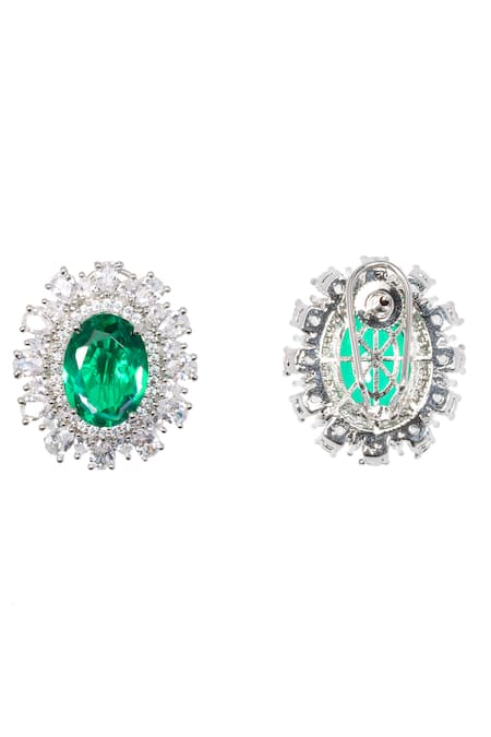 Shop Nayaab By Sonia Silver Plated Stones, Diamonds Emerald And Oval Shaped Studs at Aza Fashions Shop_Nayaab By Sonia_Silver Plated Stones, Diamonds Emerald And Oval Shaped Studs _at_Aza_Fashions