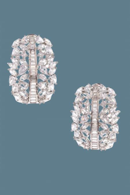 Shop Nayaab By Sonia Silver Plated Imitation Diamond Queens Cascade Studded Hoops at Aza Fashions Shop_Nayaab By Sonia_Silver Plated Imitation Diamond Queens Cascade Studded Hoops _at_Aza_Fashions