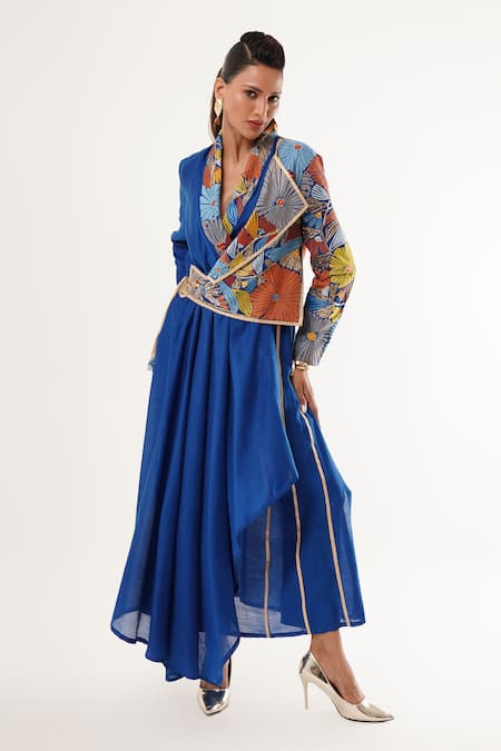 Jajaabor_Blue Cotton, Linen, Silk Sequins, Embroidery Shawl Floral Angarkha Kurta Set _Online_at_Aza_Fashions