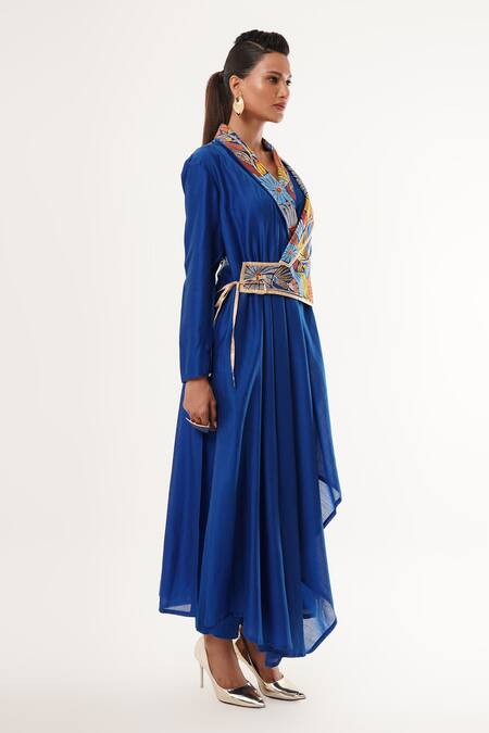 Buy_Jajaabor_Blue Cotton, Linen, Silk Sequins, Embroidery Shawl Floral Angarkha Kurta Set _Online_at_Aza_Fashions