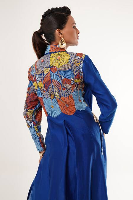 Shop_Jajaabor_Blue Cotton, Linen, Silk Sequins, Embroidery Shawl Floral Angarkha Kurta Set _Online_at_Aza_Fashions