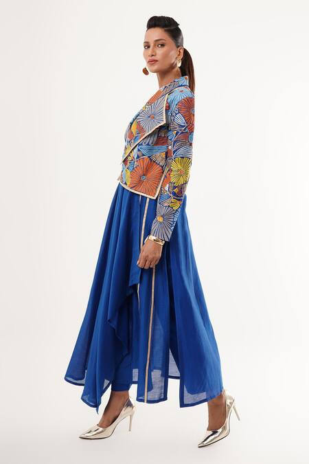 Buy_Jajaabor_Blue Cotton, Linen, Silk Sequins, Embroidery Shawl Floral Angarkha Kurta Set 