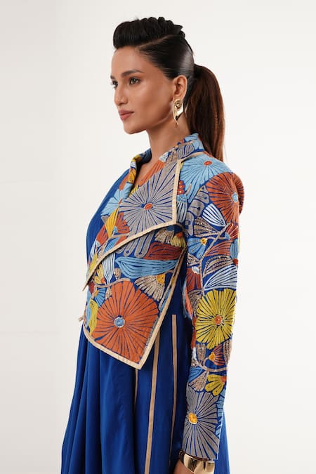 Shop_Jajaabor_Blue Cotton, Linen, Silk Sequins, Embroidery Shawl Floral Angarkha Kurta Set 